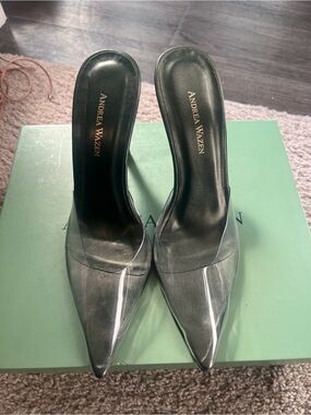 Andrea Wazen Clear Pointed Mule with Black Insole